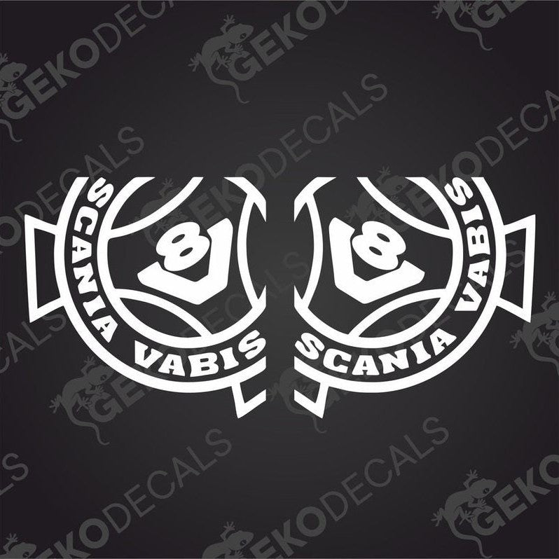 Two white decal stickers with the Scania Vabis V8 logo on a black background.