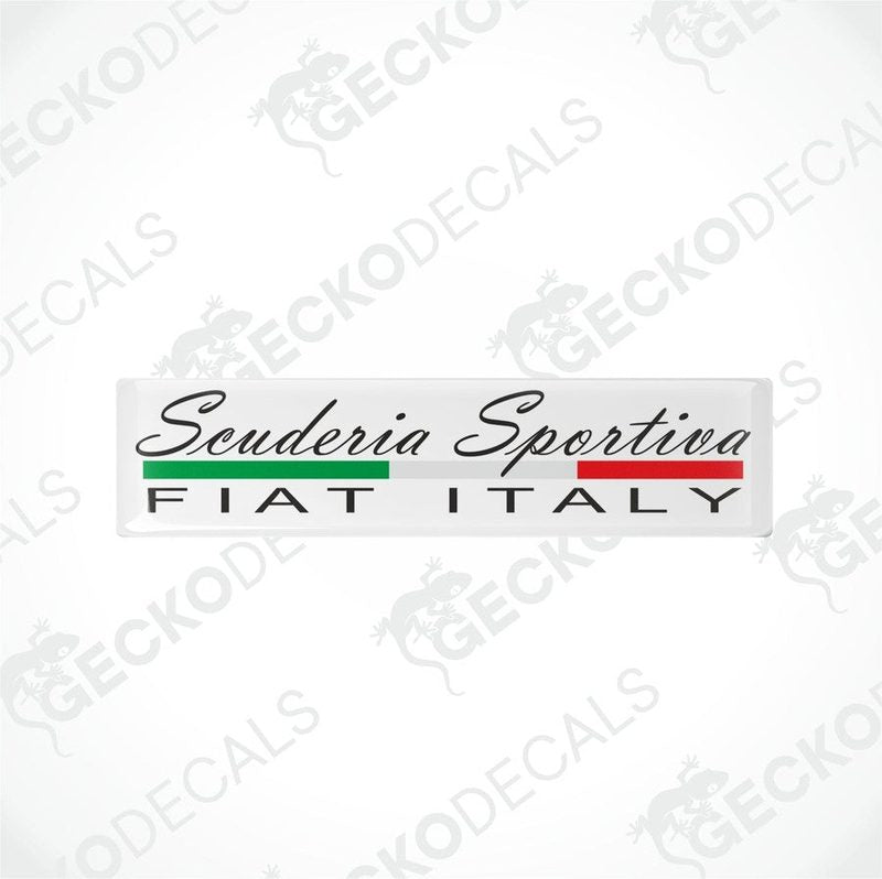 Rectangular vinyl decals with a polyurethane coating, featuring the text 'Scuderia Sportiva Fiat Italy' in black on a withe background with red and green accents.