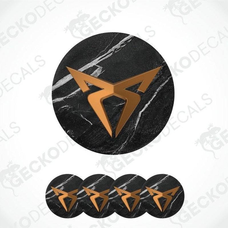 Bronze geometric logo on black marble background with 'Gecko Decals' branding.