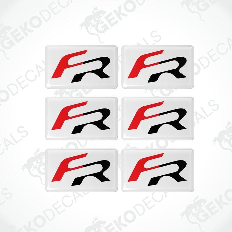 A set of six withe, red, and black vinyl decals with the 'FR' logo.