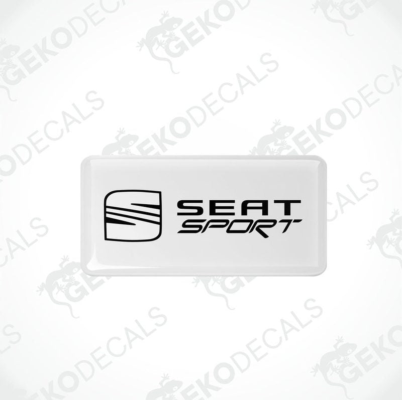 Withe rectangular car decals with the black text 'SEAT SPORT' on them.