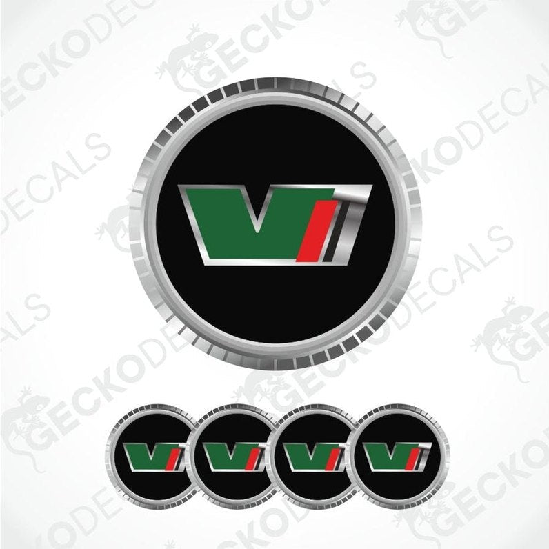 Set of five circular decals with a logo on a white background