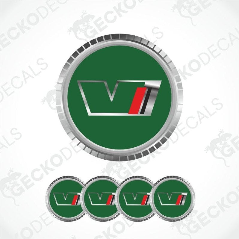 Set of green and silver decals with a logo on a white background.