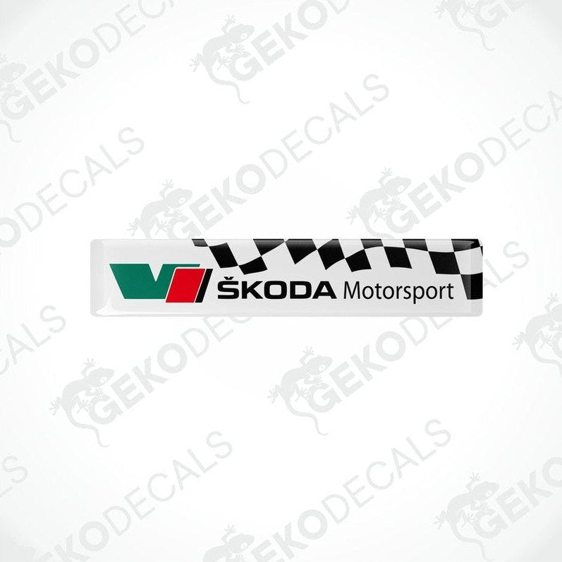 Vinyl decals with polyurethane coating featuring the SKODA Motorsport logo in withe, red, green, and black colors
