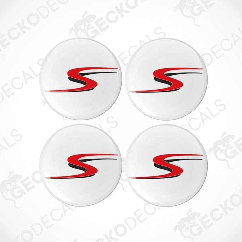 Set of four red S logo epoxy resin caravan decals with domed polyurethane finish