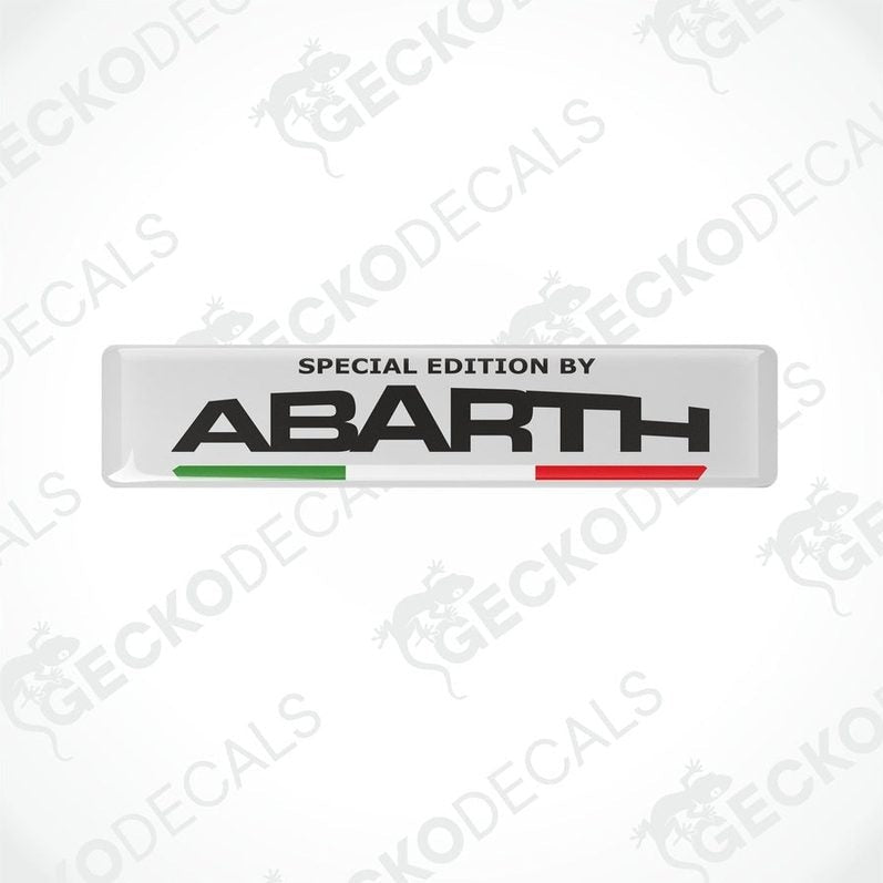 Vinyl decals with polyurethane coating featuring the text 'SPECIAL EDITION BY Abarth' on a white background with the Abarth logo and the Italian flag colors.