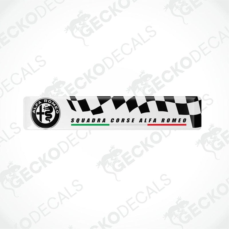 White,black checkered flag and black text Squadra Corse Alfa Romeo stickers, with the Italian flag