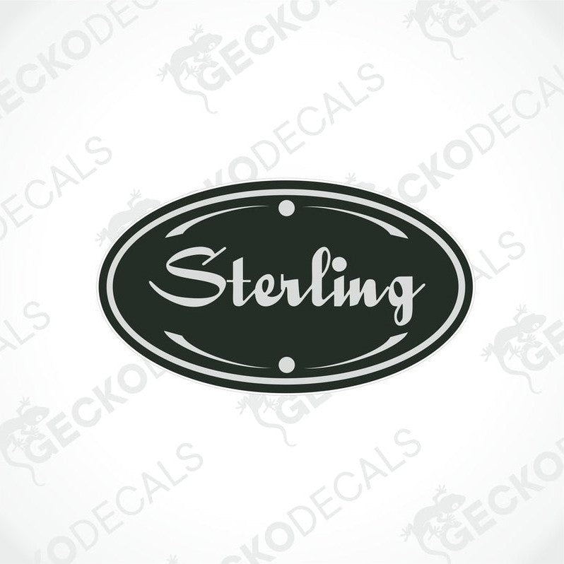 Sterling oval caravan decal with white cursive text and flourishes on dark green background