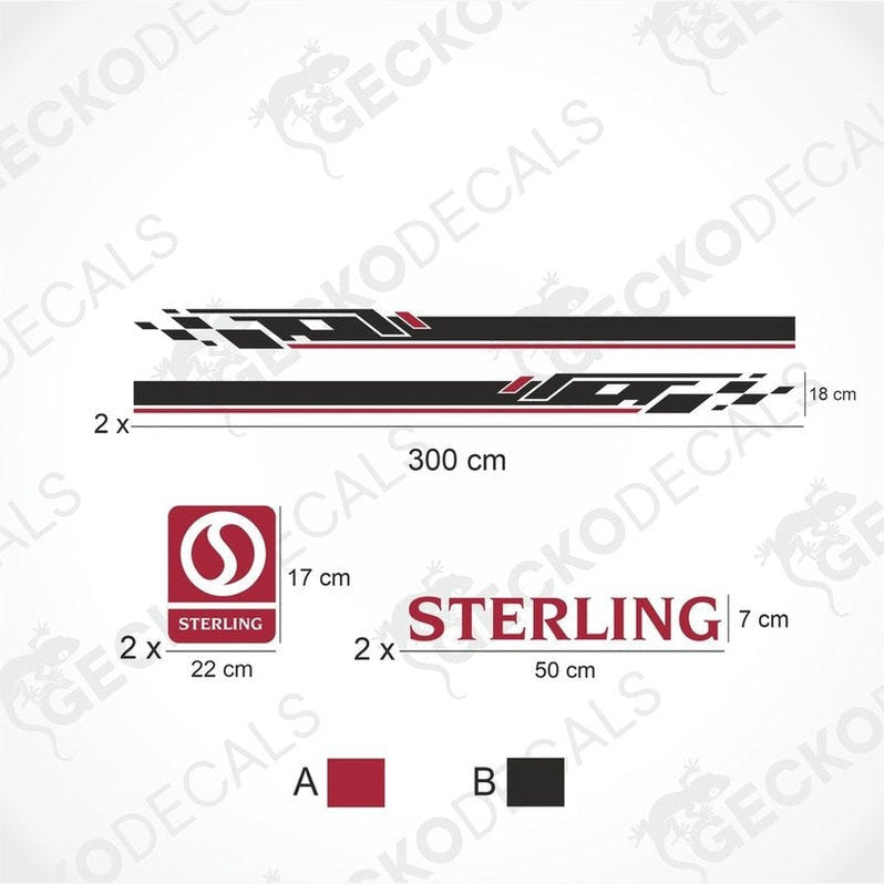 A white Sterling caravan with black, red, and gray decals featuring the brand name and logo.