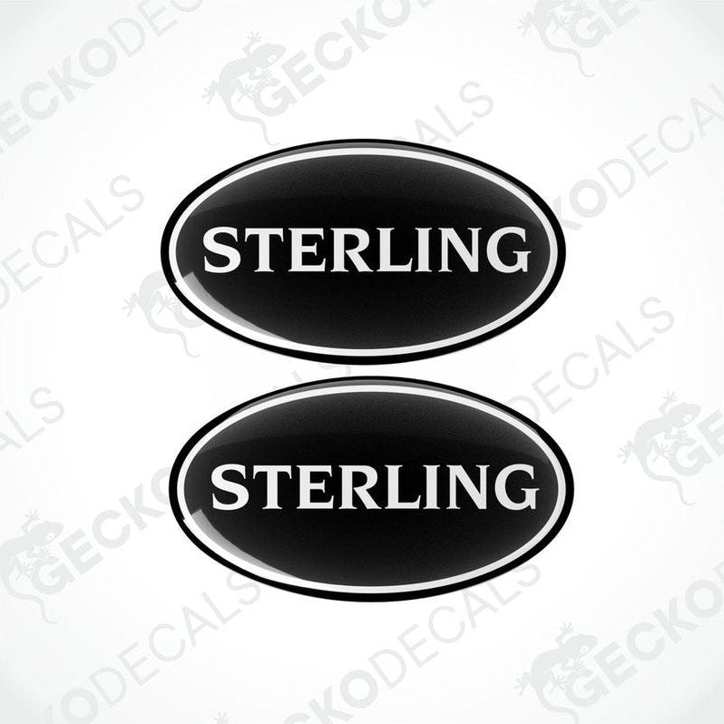 Two black vinyl decals with the word 'STERLING' in white font, displayed on a white background.
