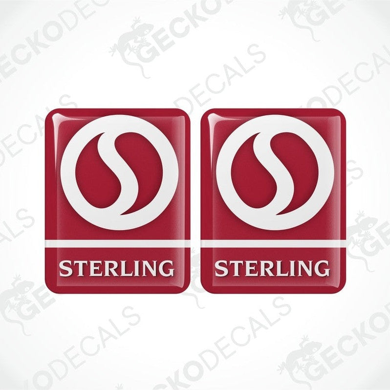Two red and white vinyl stickers with a geometric design, branded as 'Sterling'.