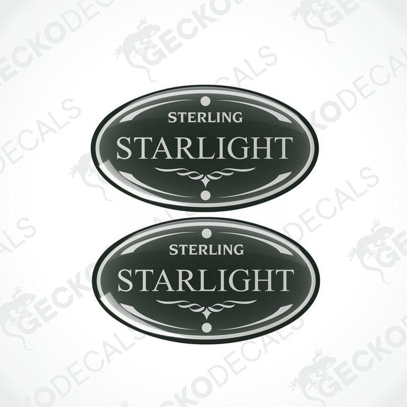 Two round vinyl stickers with a starlight design and the text 'STERLING STARLIGHT' on a white background.