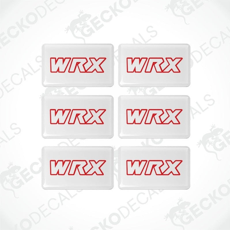 A set of six withe vinyl stickers with the word 'WRX' in red and white.