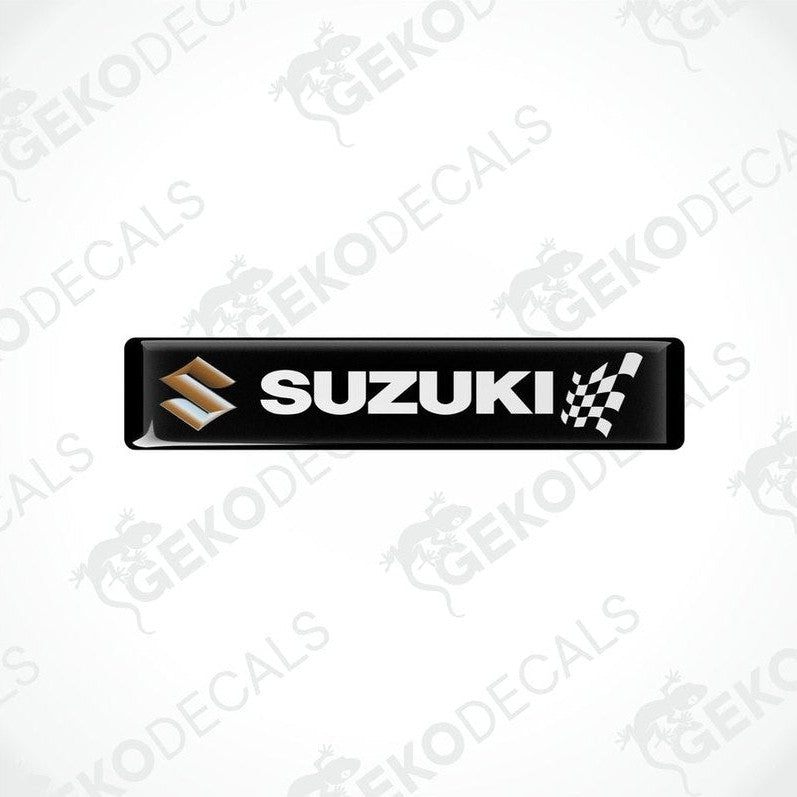Black rectangular vinyl decals with the SUZUKI brand logo and checkered flag design.