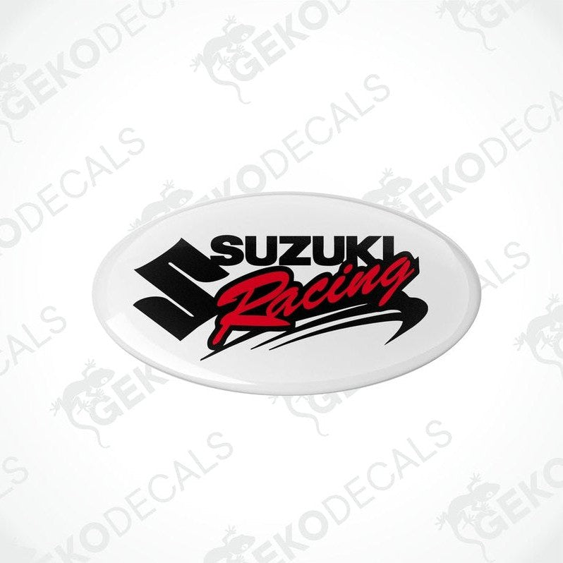 Withe vinyl stickers with the text 'SUZUKI RACING' in red and black.
