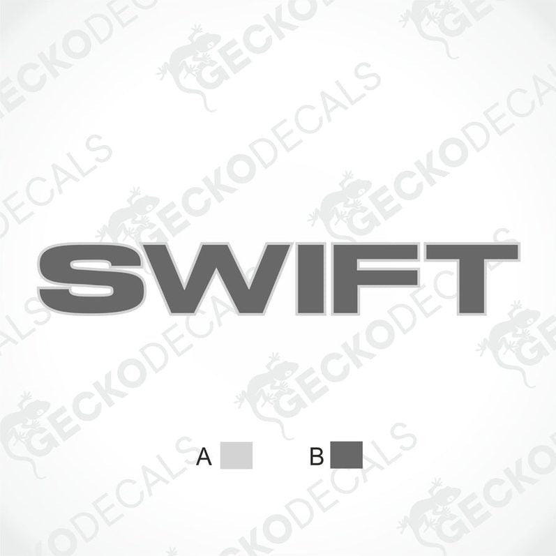 A printed laminated die cut decal with the word 'SWIFT' in capital letters, accompanied by the Gecko Decals logo.