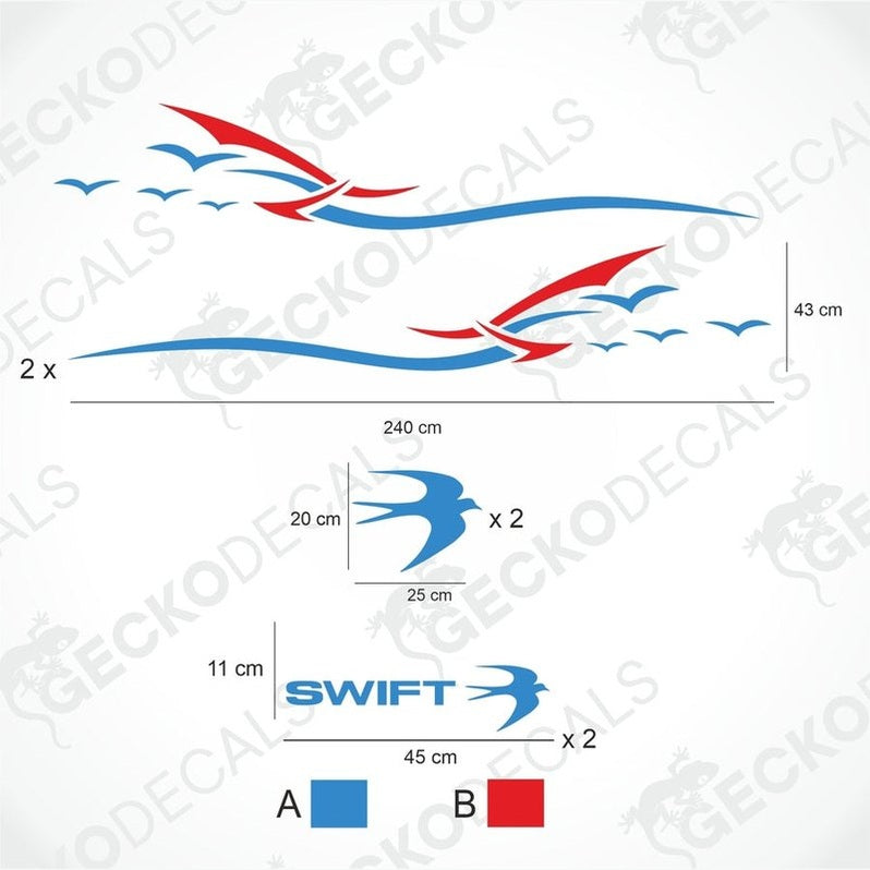 A white caravan with blue and red decals featuring the brand name 'SWIFT'. The image also includes a set of decals with wave-like designs that are part of the product.