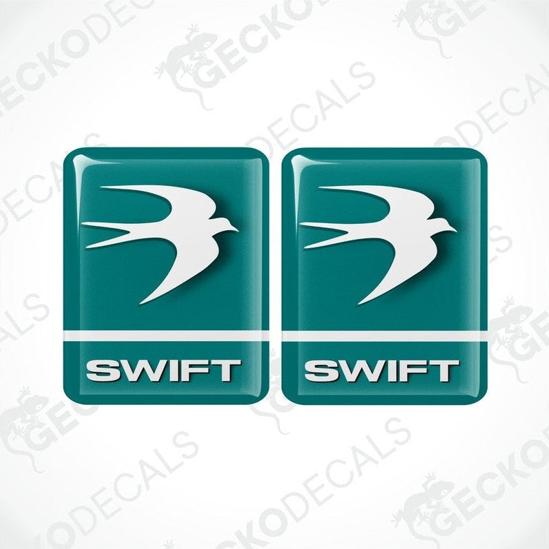 Two green vinyl stickers with a white and green geometric design representing the Swift brand.