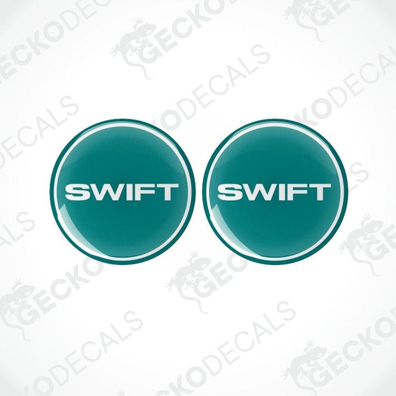 Teal green SWIFT domed epoxy resin vinyl decals with glossy raised finish