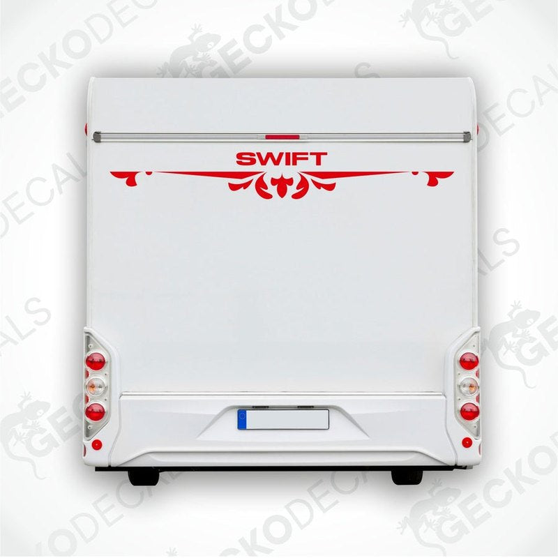 A white caravan with a red and black 'SWIFT' brand decal on the rear side.