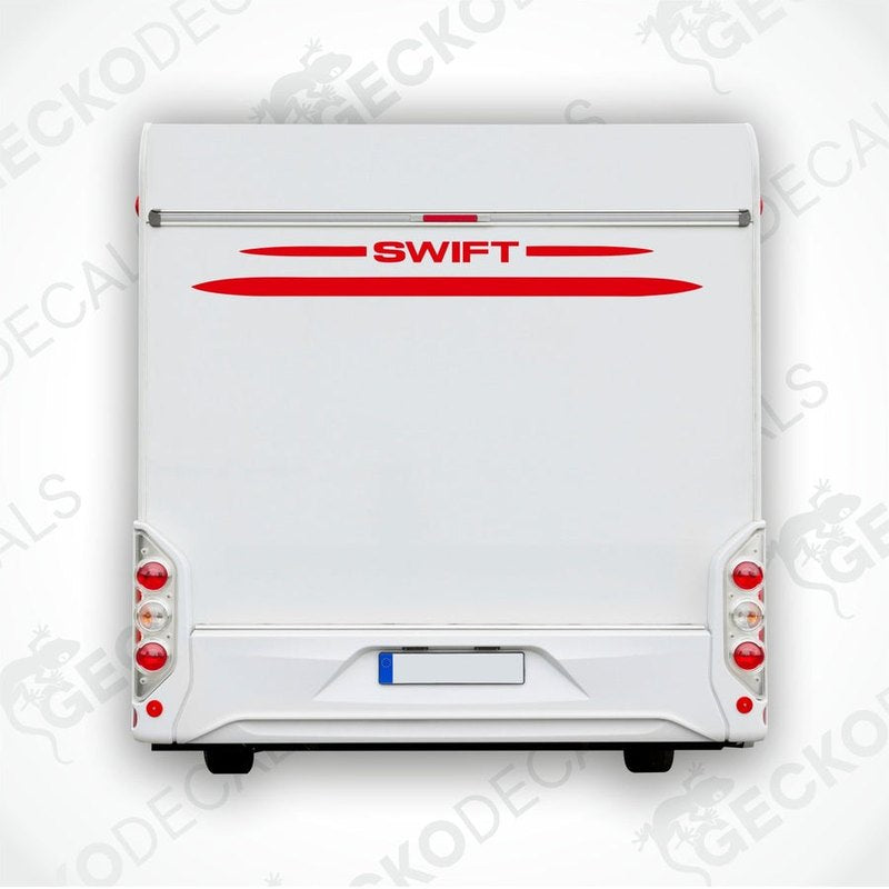 A white caravan with a red and black 'SWIFT' decal on the rear side.