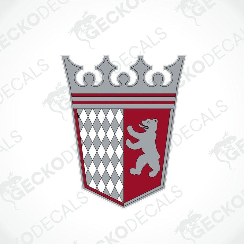 A die cut sticker depicting a shield with a bear and diamond pattern design, typically used as a car decal.