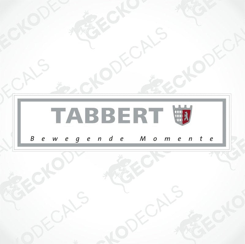 A rectangular white sticker with the brand name 'TABBERT' and the slogan 'Bewegende Momente' printed in black and red on the lower part.