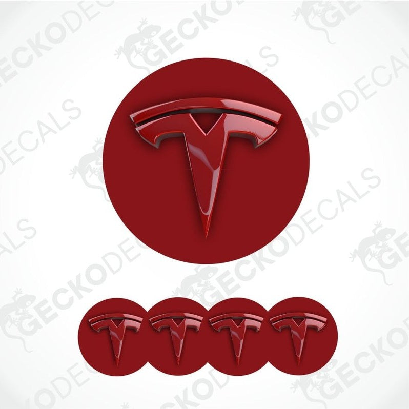 Red Tesla logo decal set on a white background with 'GECKODECALS' branding.