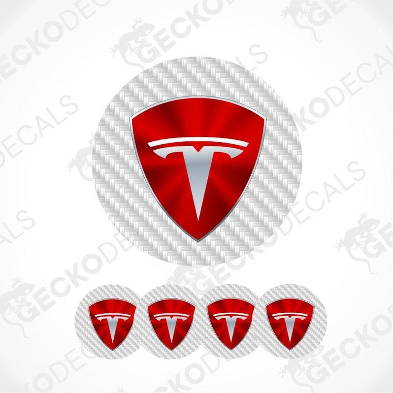 Red Tesla logo decal set on a white background with 'Gecko Decals' branding.