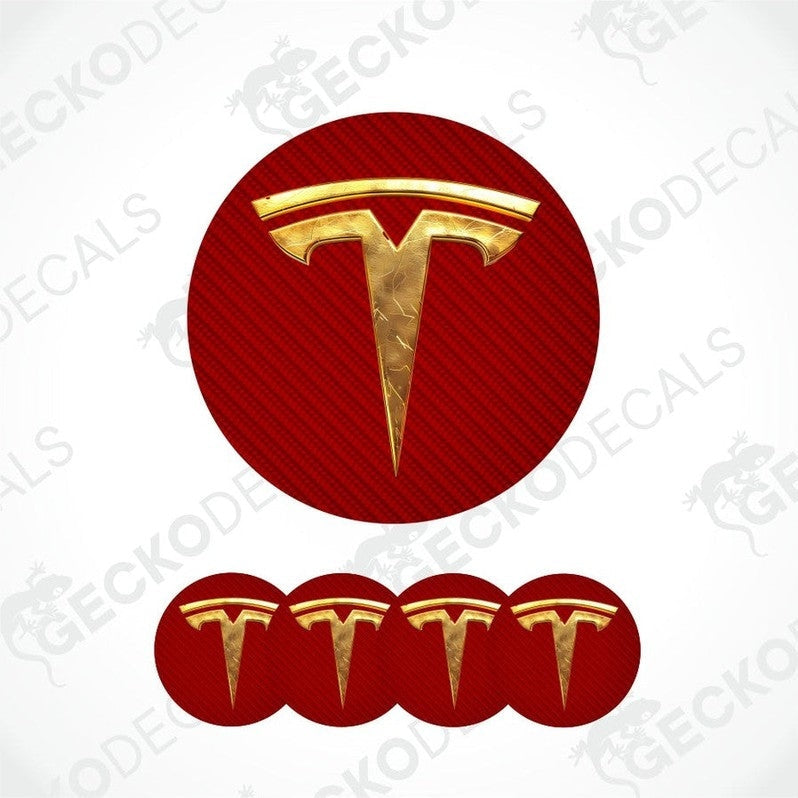 Gold Tesla logo on red background with 'GECKODECALS' branding.