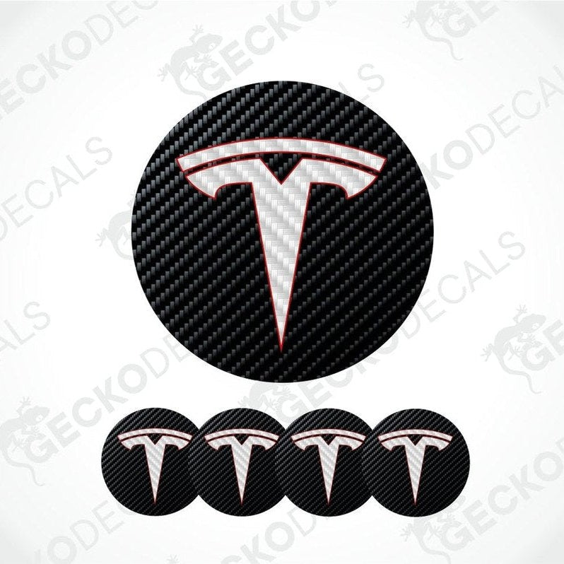 Black Carbon fiber pattern background with white crabon fiber Tesla logo with red stripe decal on a white background
