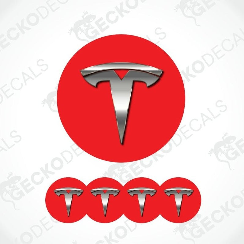 Tesla logo with red circle and silver emblem on a white background with 'Gecko Decals' watermark.