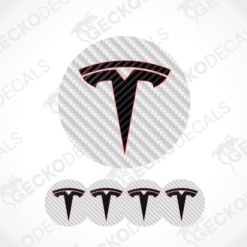 White Carbon fiber pattern background with black carbon fiber Tesla logo with red stripe decal on a white background