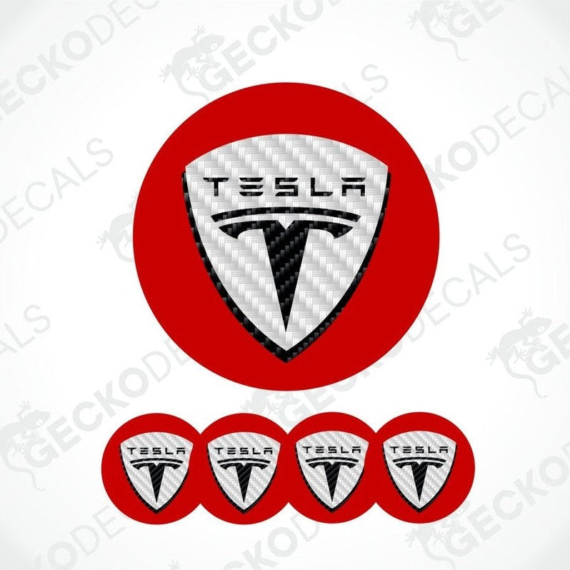 white and black Tesla logo decal set with red circular border on a white background
