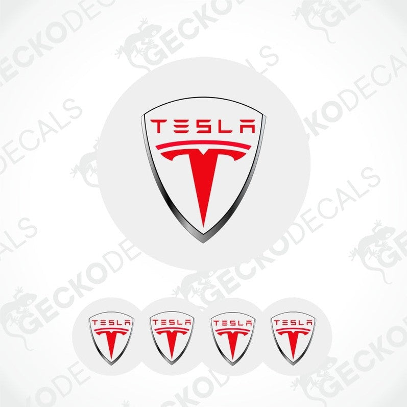 Tesla logo decal set on a white background with 'Gecko Decals' branding.