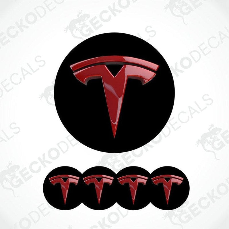 Red Tesla logo on a black background with 'GECKODECALS' branding.