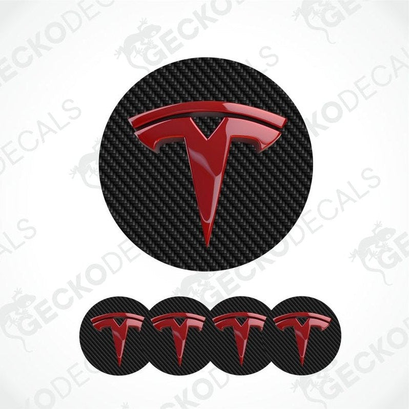 Red Tesla logo on a carbon fiber pattern background with 'GECKODECALS' branding.