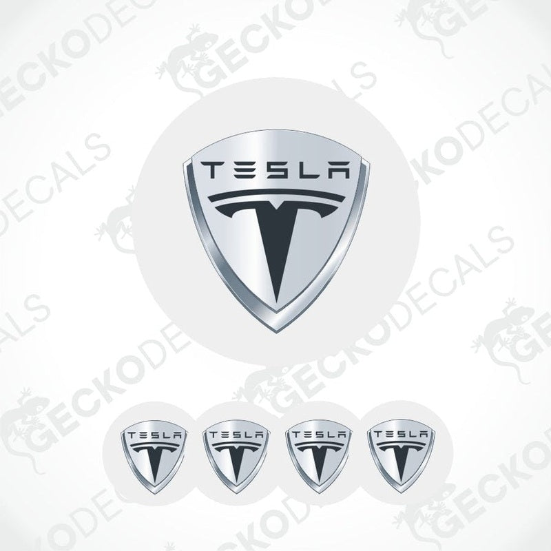 Tesla logo decal set on a white background with 'Gecko Decals' branding.