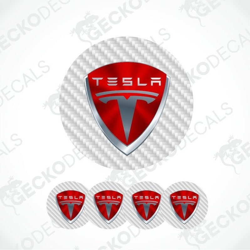 Tesla logo decal set on a white background with 'Gecko Decals' branding.