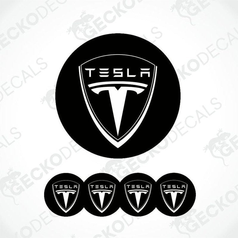 Tesla logo and five smaller Tesla logos on a white background with 'GECKODECALS' branding.
