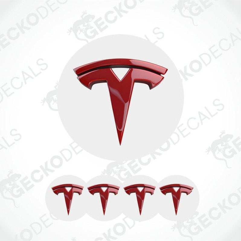 Red Tesla logo decal on a white background with 'Gecko Decals' branding.