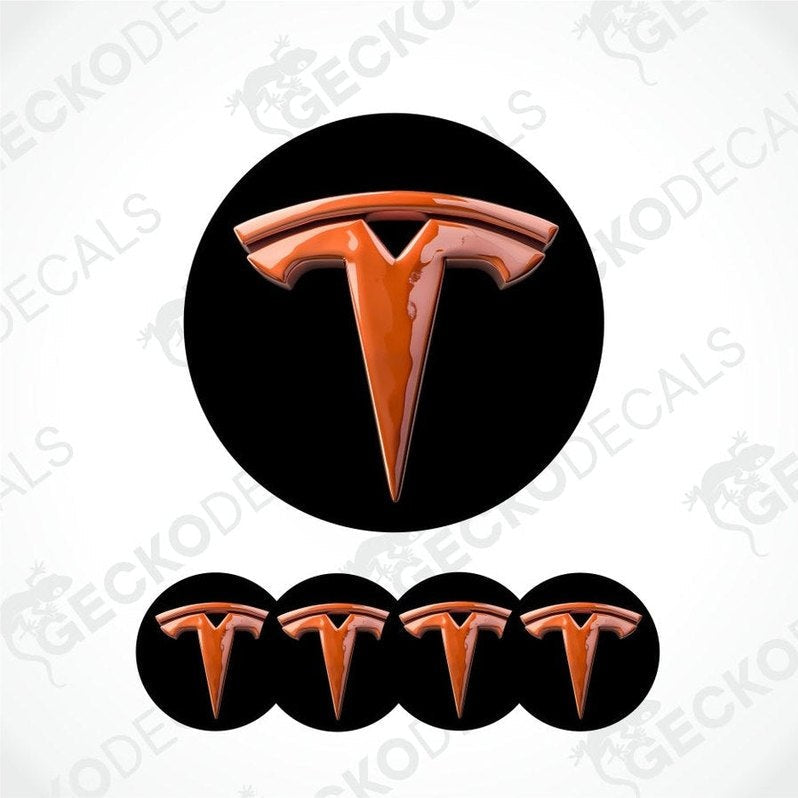 Tesla logo decal set on a white background with 'Gecko Decals' branding.