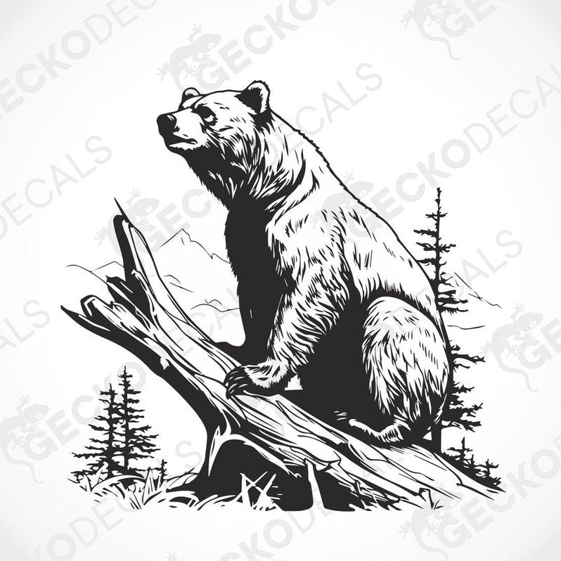 A black and white die cut sticker of a bear sitting on a stump, positioned on the side of a white vehicle.