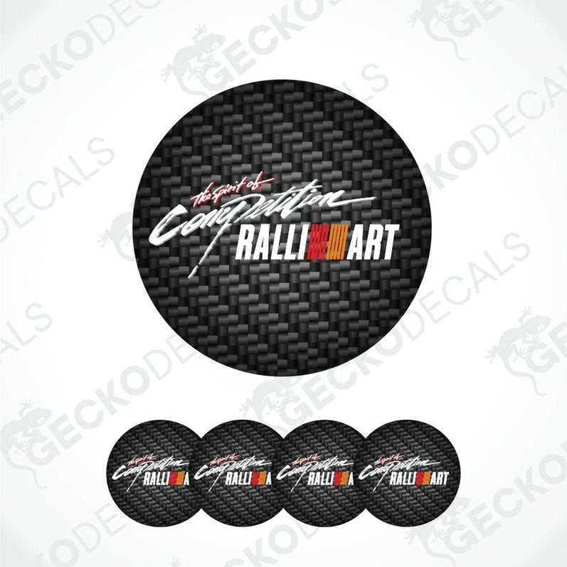 Round carbon fiber pattern decal with 'RALLIART' text on a white background