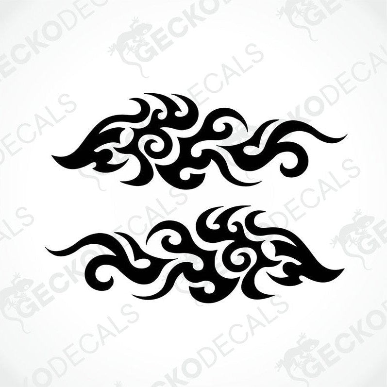 A pair of black tribal patterned decals on a white background, intended for use on vehicles.
