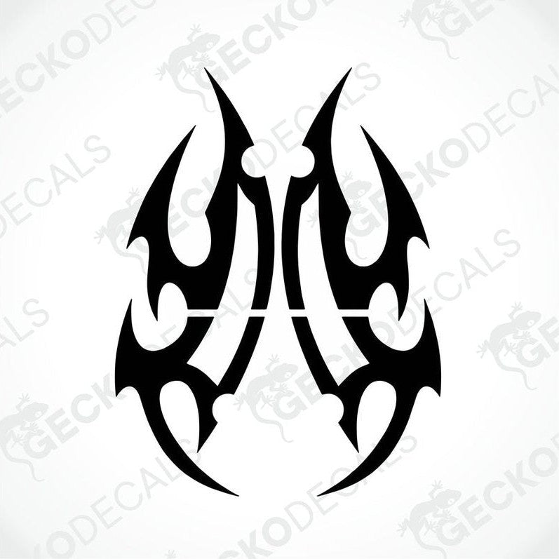 A pair of black tribal design decals on a white background, intended for use on vehicles.