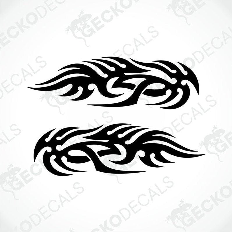 A pair of black tribal patterned decals on a white background, intended for use on vehicles or other surfaces.