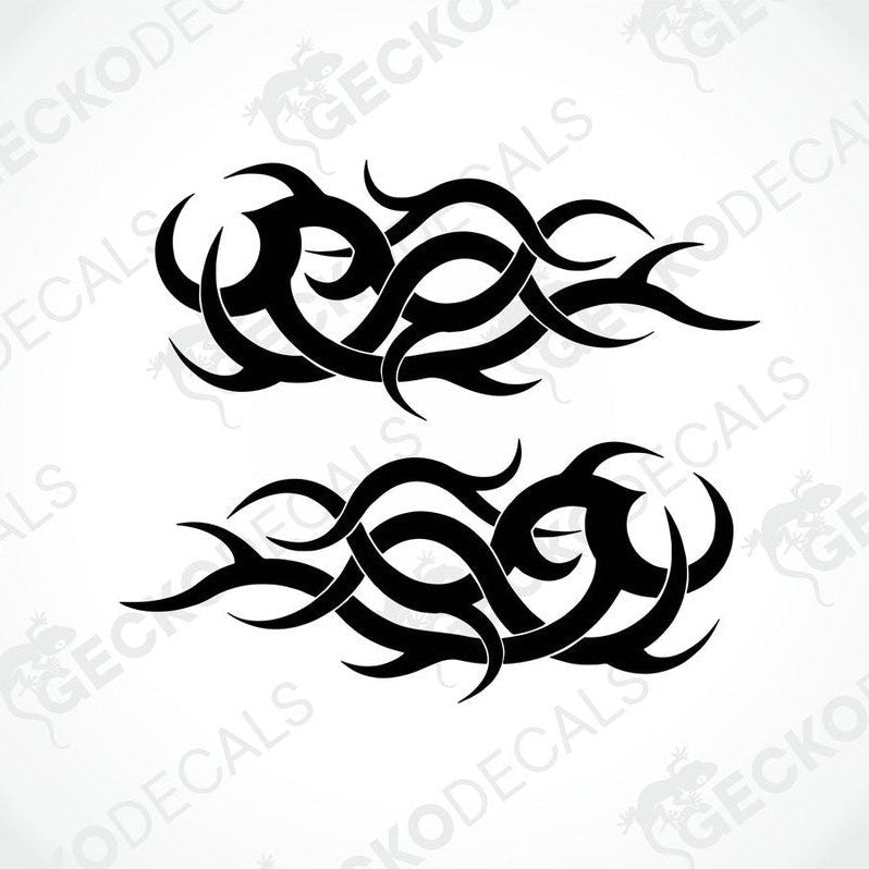 Two black and white tribal decals for vehicles, displayed on a white background.