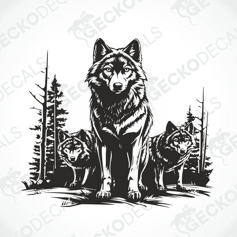 A black decal of three wolves in a forest setting, positioned on the rear of a white vehicle.