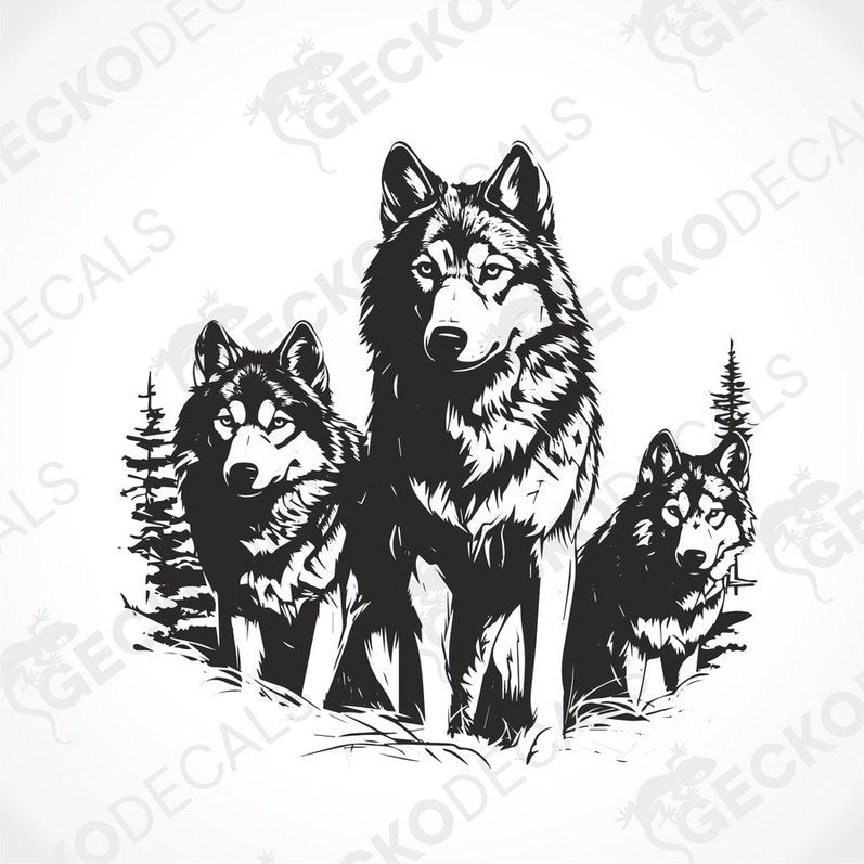 A black decal of three wolves walking in the forest, positioned on the rear of a white vehicle.